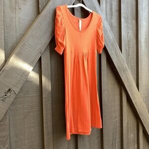 Uncle Frank Dress Womens Small Orange Puff Sleeve Knit Scoop Neck Empire‎ Waist